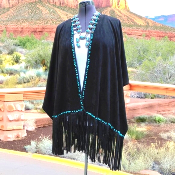 Upcyle Sweaters - Black Thick Faux Suede and Leather Fringe Boho Poncho  Turquoise Stone Beads O/S